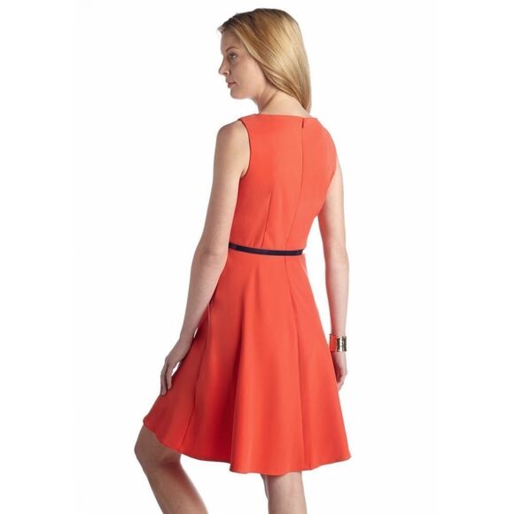 New! AGB Women's Pleated Neckline Belted Fit & Flare Dress Size 12 Cantaloupe - Picture 2 of 2